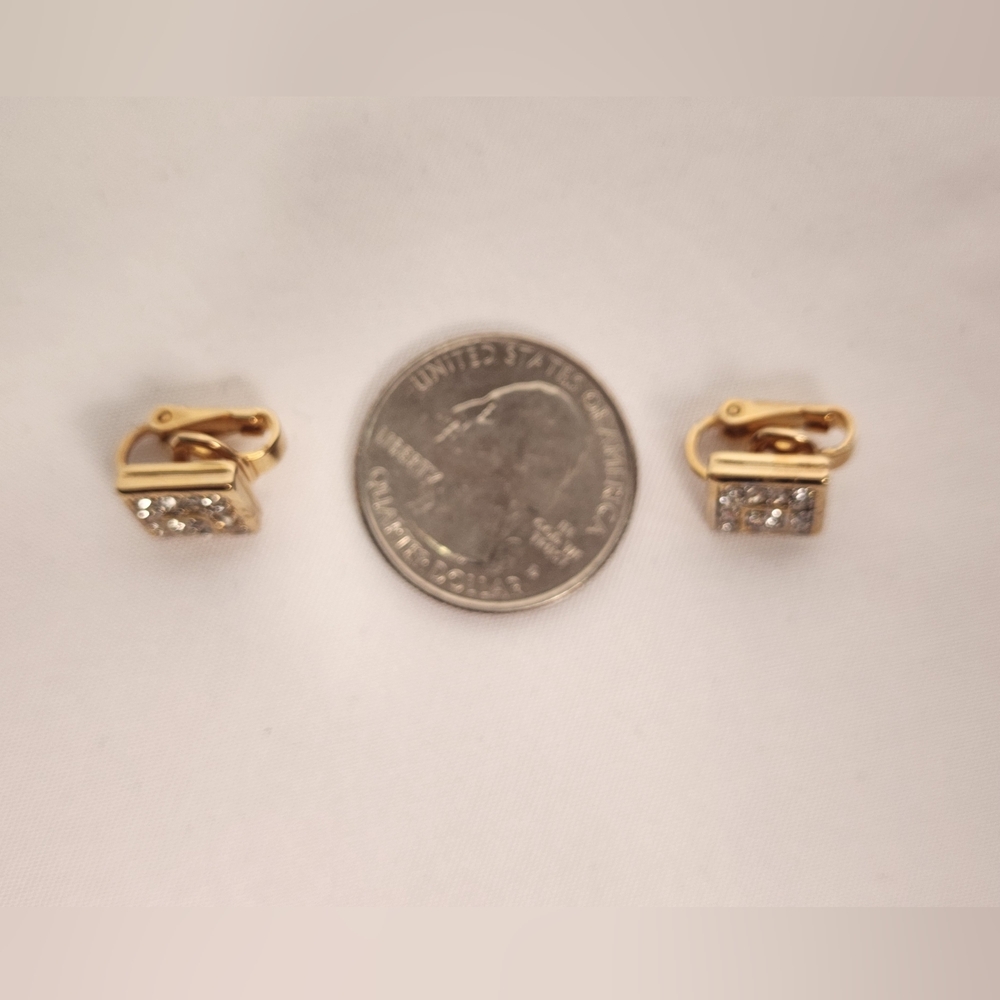 Nina Ricci Gold Square Cube Clip On Earrings Pave Crystals - Picture 8 of 8